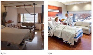 Renovate semi-private to private med surg unit (26 beds) - before and after